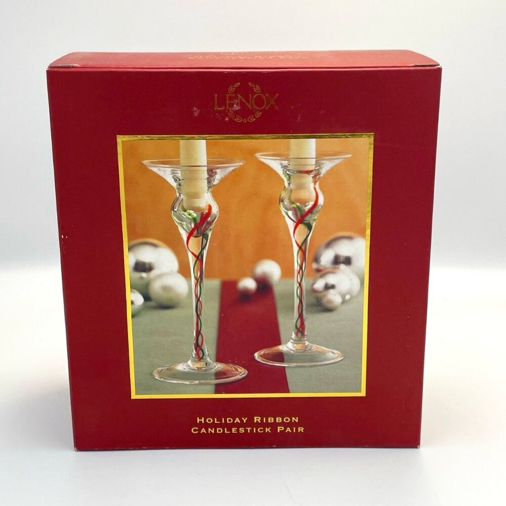 Lenox Holiday Ribbon Candlestick Pair Red‎ & Green Twist in Stem